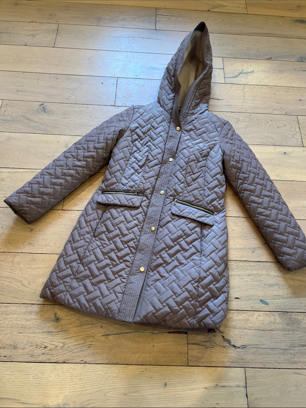 Cole Haan Taupe Quilted Hooded Long Puffer Coat